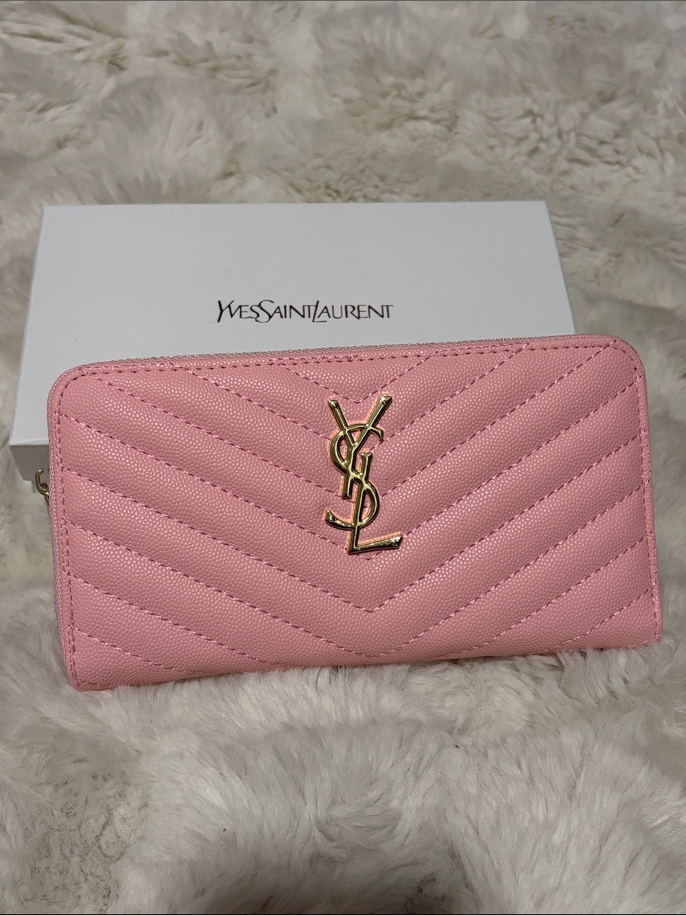 Pink Quilted Zip-Around Wallet with Gold Logo